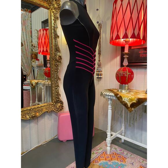 vintage 1980s black stretch jumpsuit and cropped jacket magenta chevron club xs - Picture 6 of 11